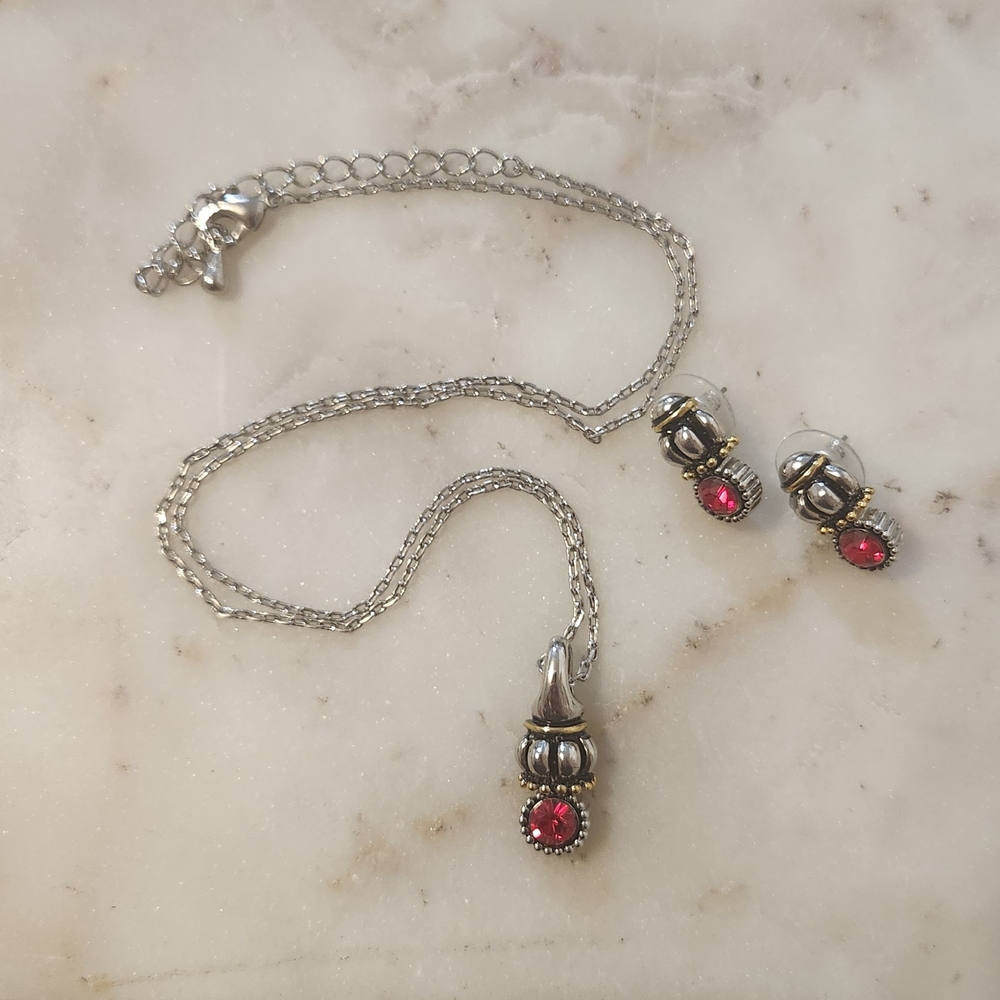 Vintage Red Stone Silver Tones Necklace & Earring Set. Royalty. Dark Academia